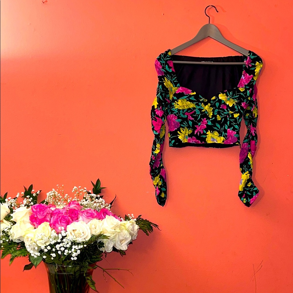 Zara Black Blouse with Pink and Yellow Floral Pattern